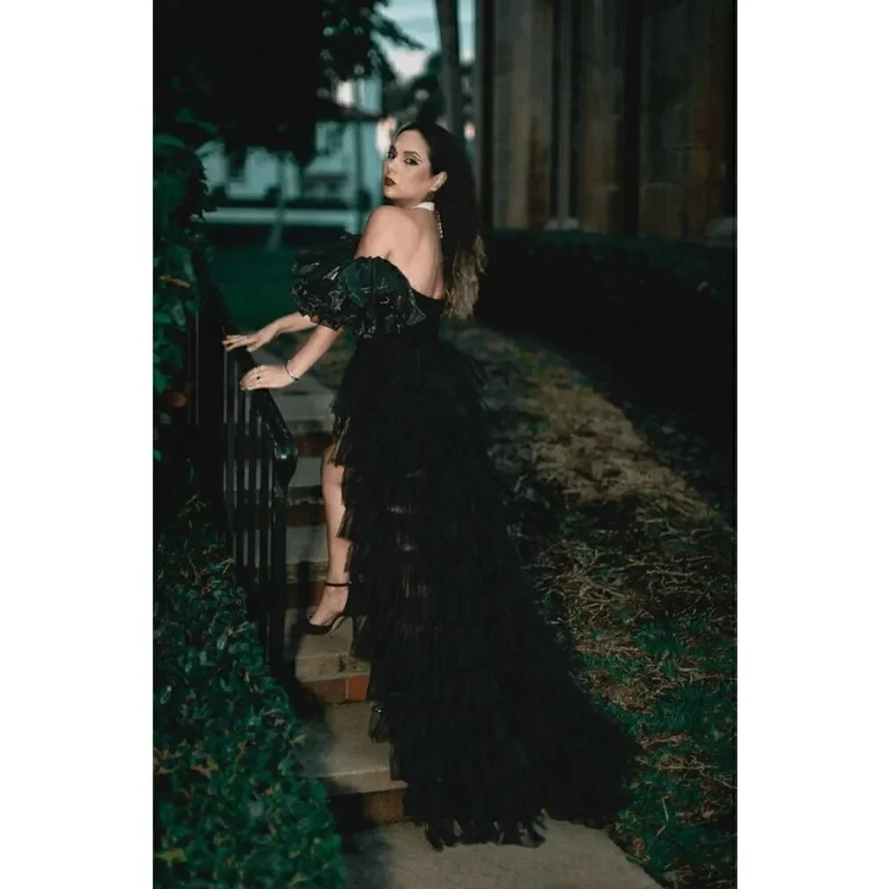 🖤 NEW Goth Tier Layered Tulle Mesh Petticoat Train Wrap Hi-Lo Black Open Skirt